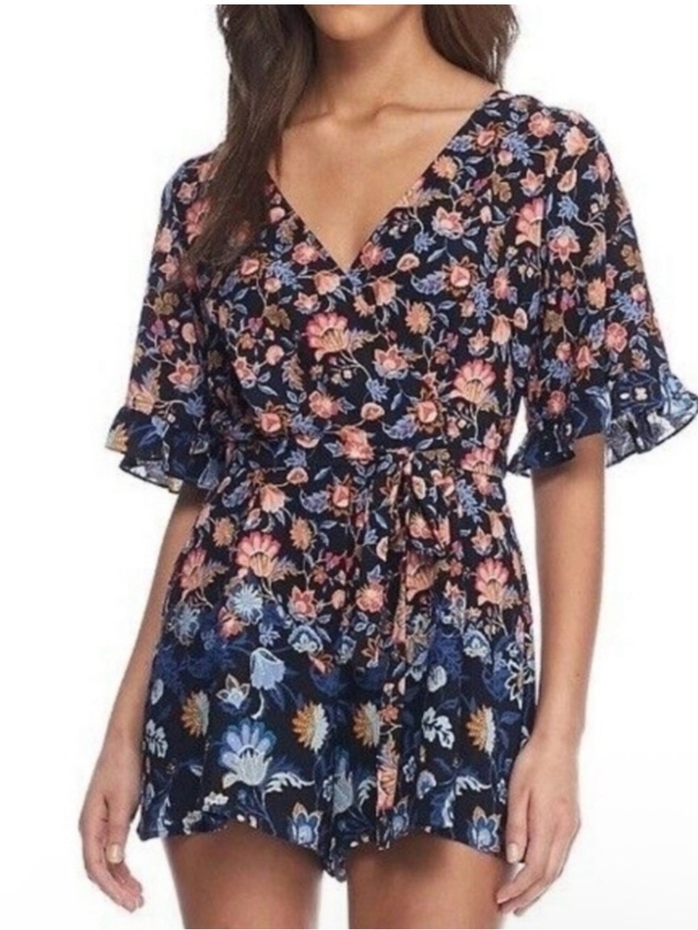 Trixxi Navy Floral V‑Neck Romper with Pink & Blue Blooms